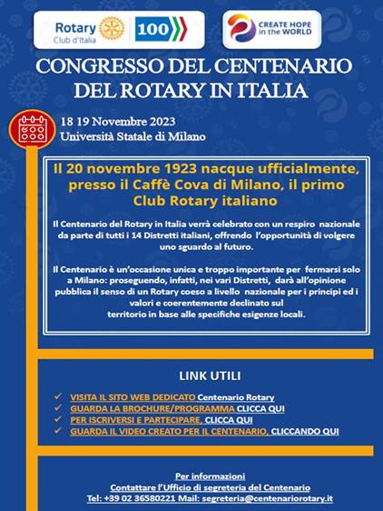 17-18-19 novembre: a Milano i Cent’anni del Rotary in Italia